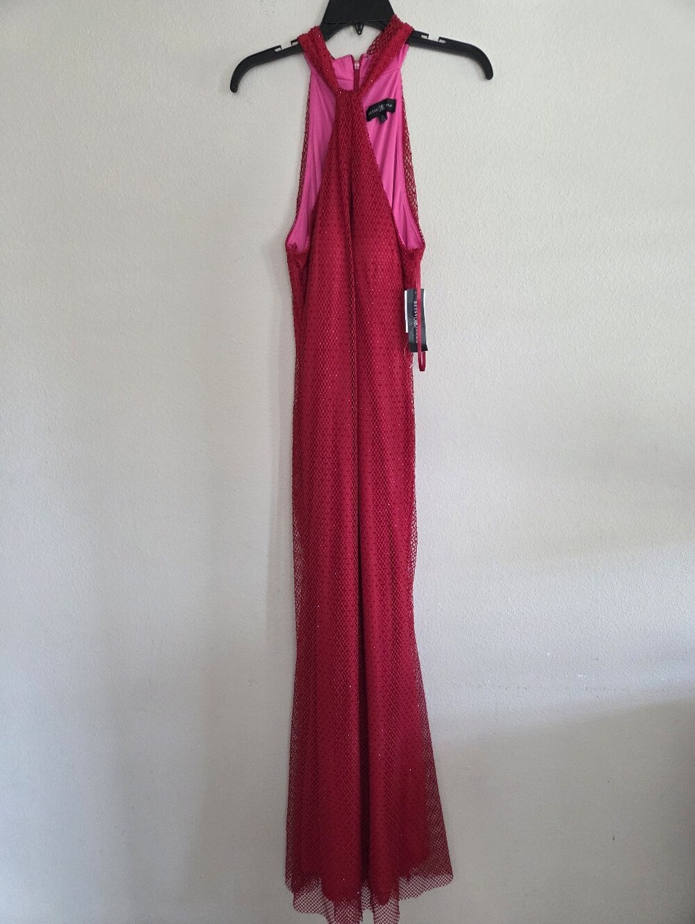 Betsy & Adam Red Mesh Rhinestone Halter Sleeveless Sheath Gown Size 12 NWT $380 - Picture 2 of 9